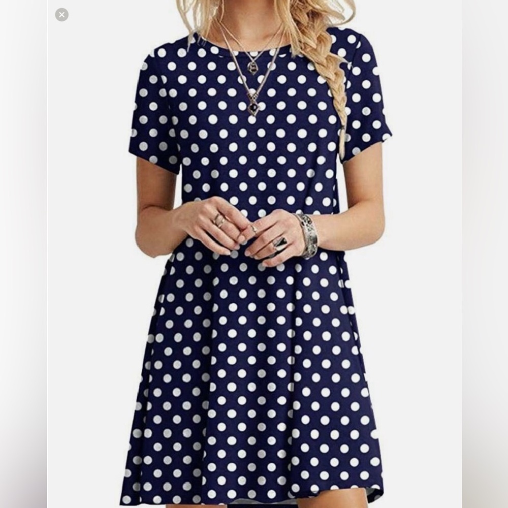 2X Popyoung Navy Polka Dot Short Sleeve Swing Dress